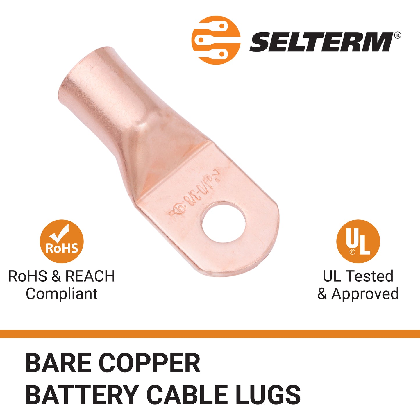 4/0 AWG (0000 Gauge) 3/8" Stud, Bare Copper Battery Cable Ends, Wire Lugs, Heavy Duty, MD4038U