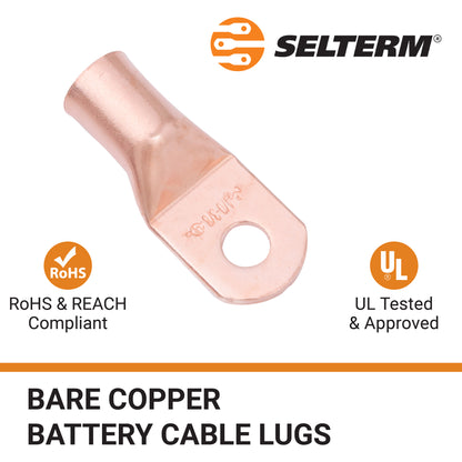 4/0 AWG (0000 Gauge) 3/8" Stud, Bare Copper Battery Cable Ends, Wire Lugs, Heavy Duty, MD4038U