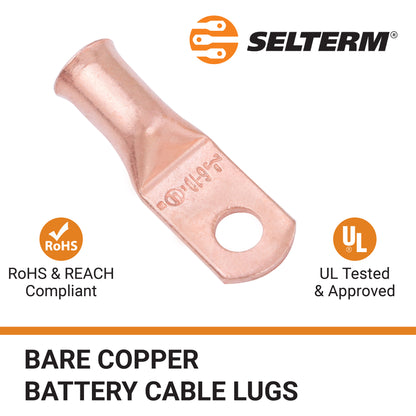 6 AWG (6 Gauge) #10 Stud, Bare Copper Battery Cable Ends, Wire Lugs, Heavy Duty, MD0610U
